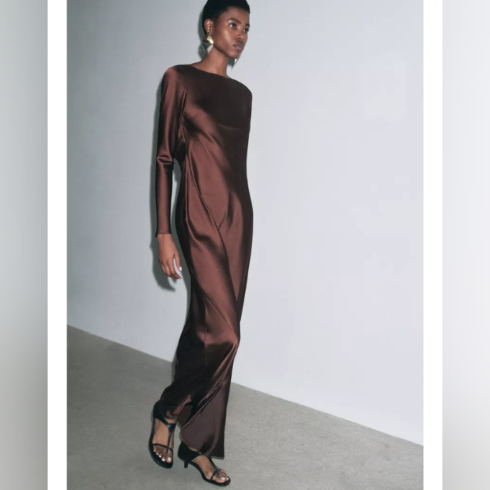 Zara Satin Long Sleeve Backless Gown in Brown - Picture 4 of 5